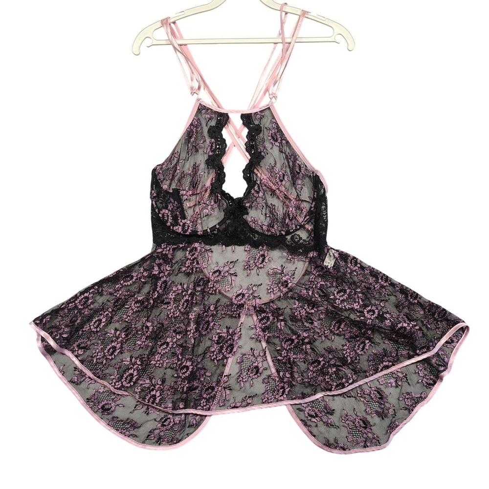 Shirley of Hollywood Rayon Babydoll Womens XXL Lace Strappy Black Pink SS648